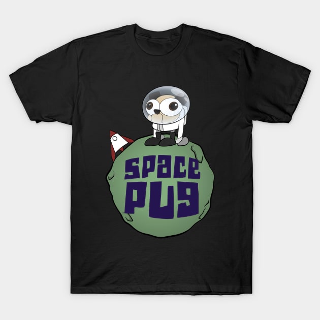 Space Pug Funny Cartoon T-Shirt by rideawavedesign